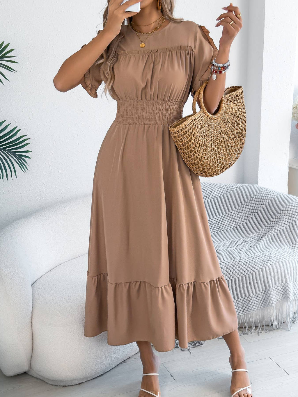 Smocked Waist Ruffle Sleeve Midi Dress