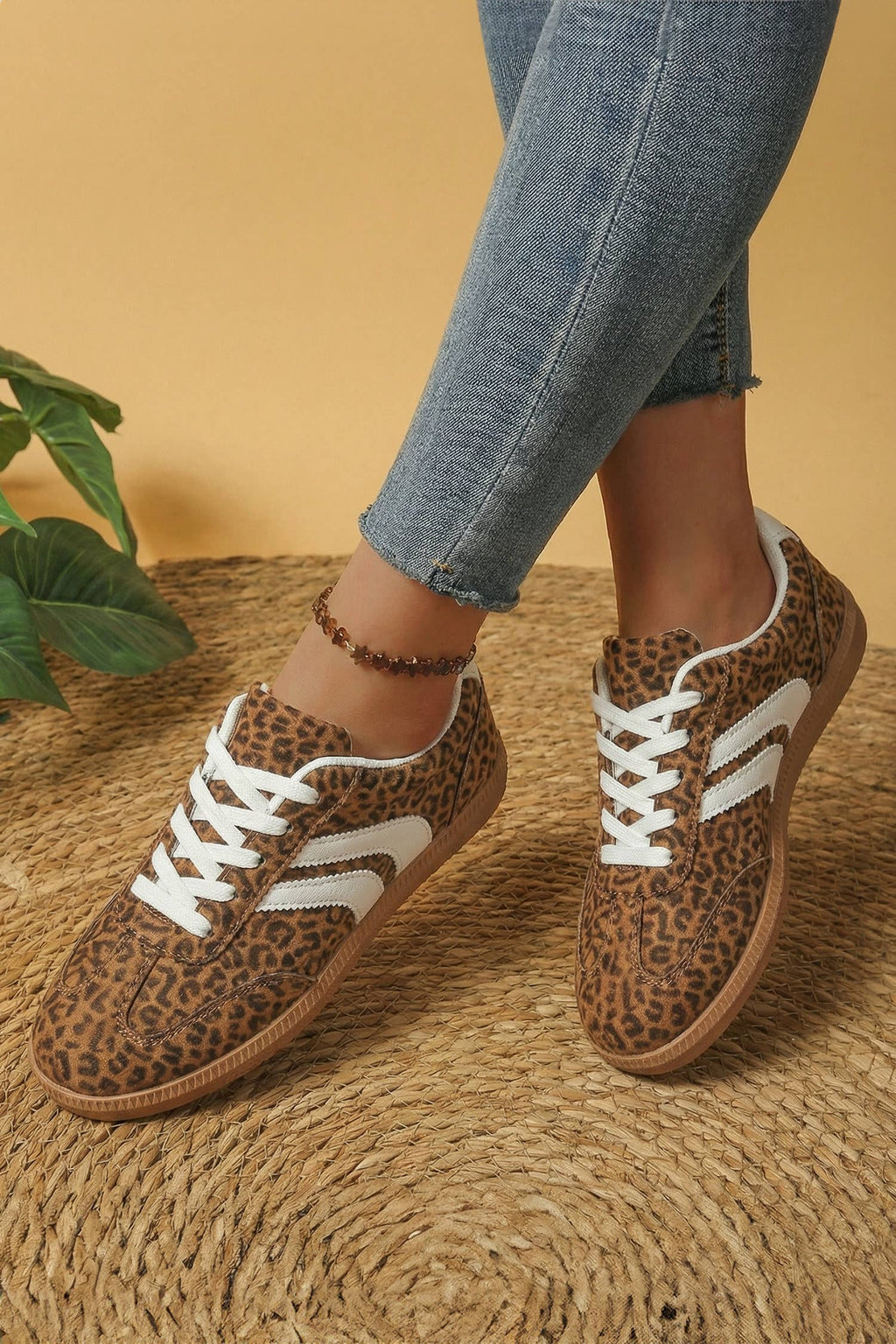 PU Leather Detail Shimmer Leopard Printed Lace-up Sneakers