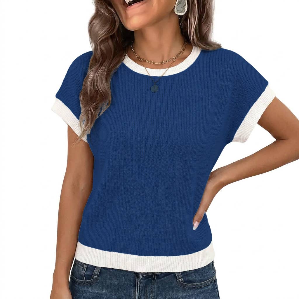 Summer Colorblock Knit Short Sleeve Casual Tee Top