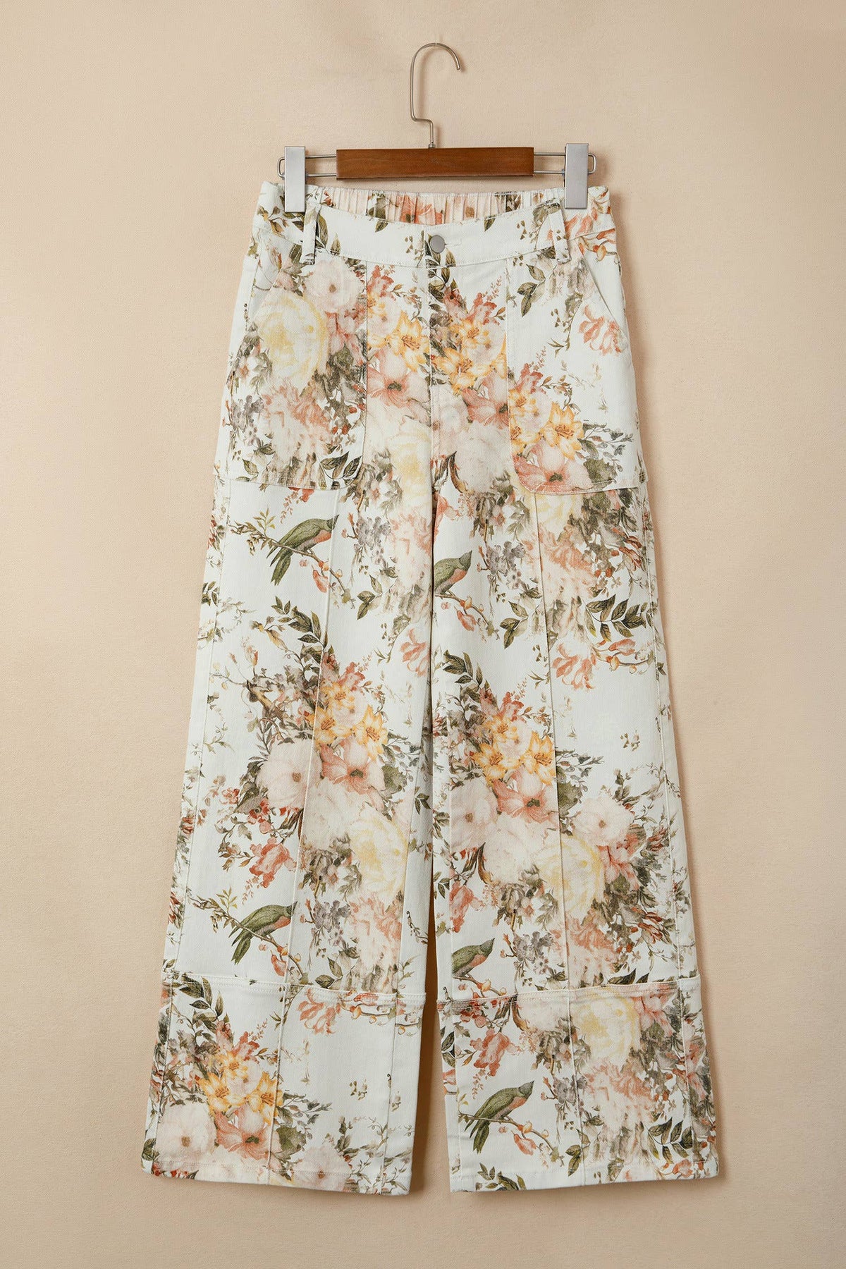 Floral Print High Waisted Wide Leg Denim Jeans
