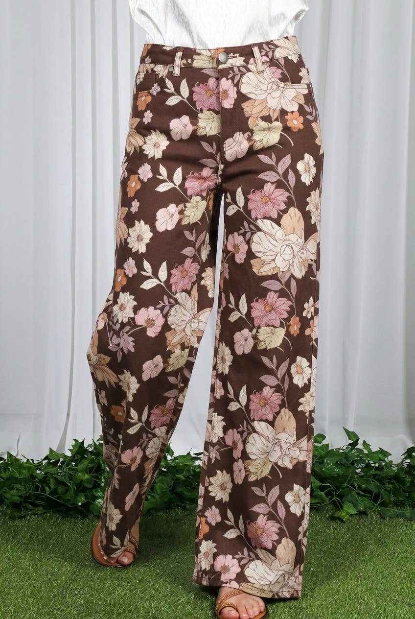 Floral Print Straight Leg Cotton Span Jean Pants VP83031A