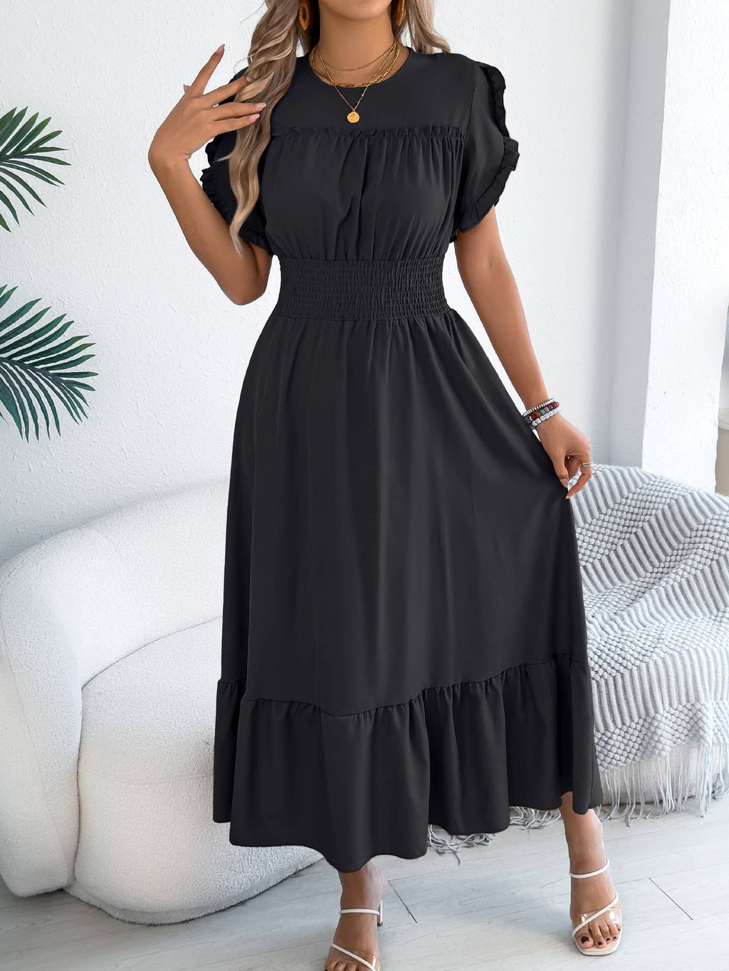Smocked Waist Ruffle Sleeve Midi Dress