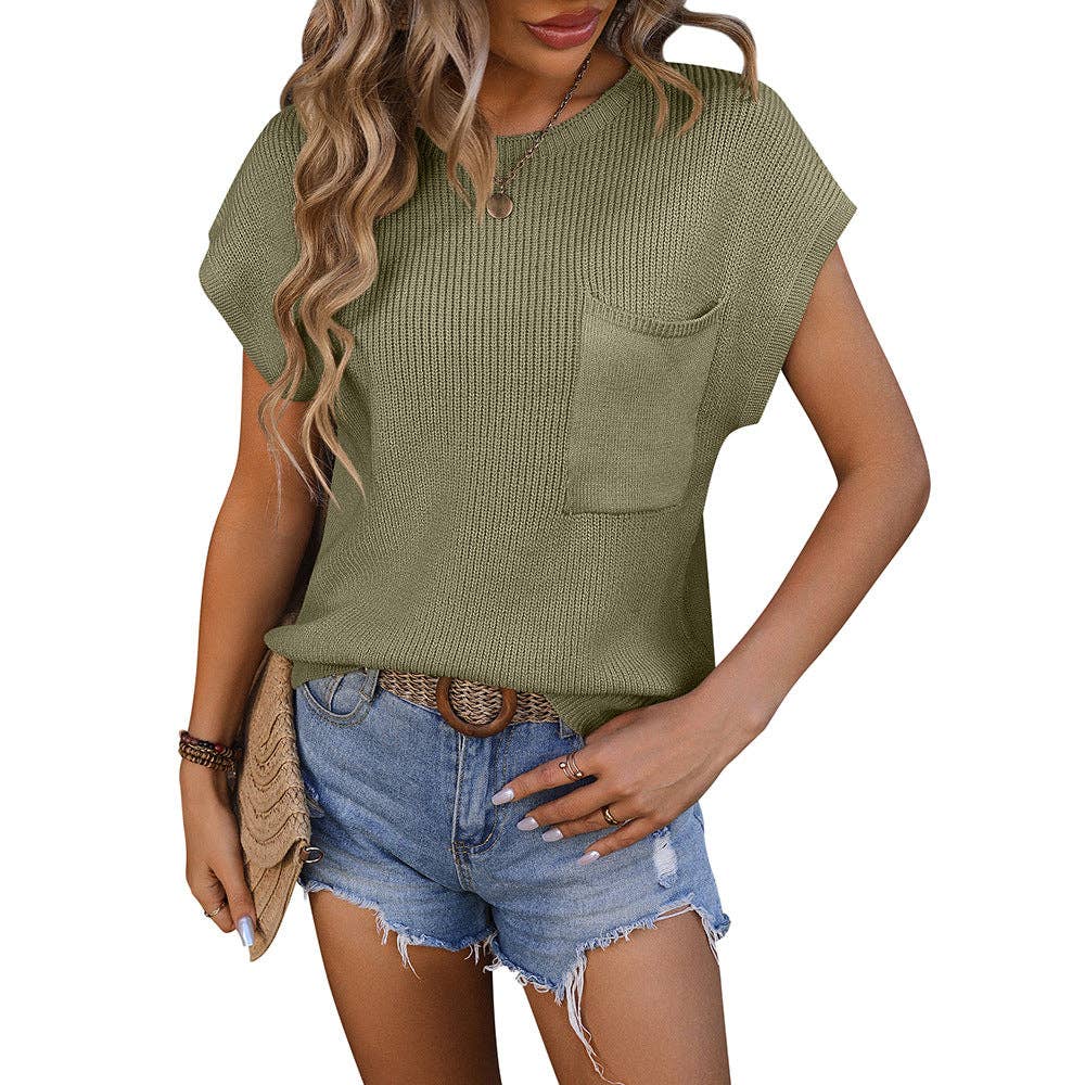 Women Crew Neck Short Sleeve Knit Top with Pocket