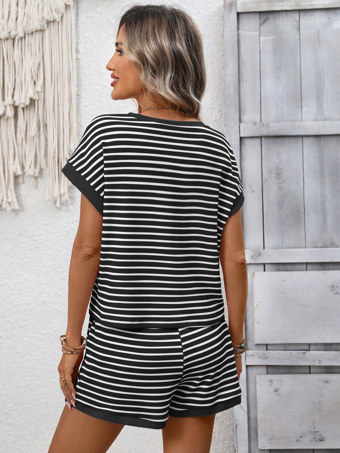 Striped Short Sleeve Top & Shorts Lounge Set