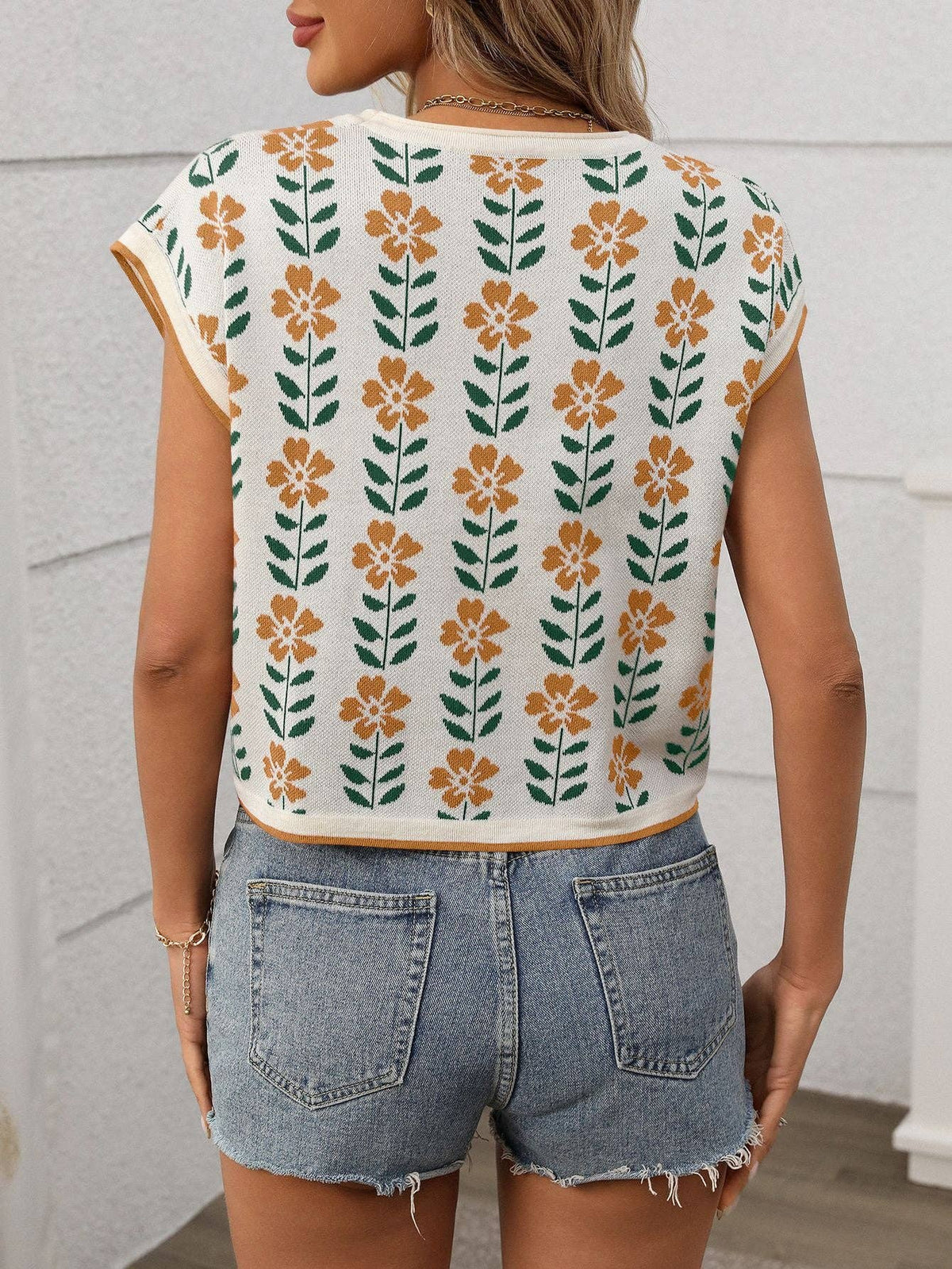 Vintage Floral Crew Neck Knit Crop Top Short Sleeve
