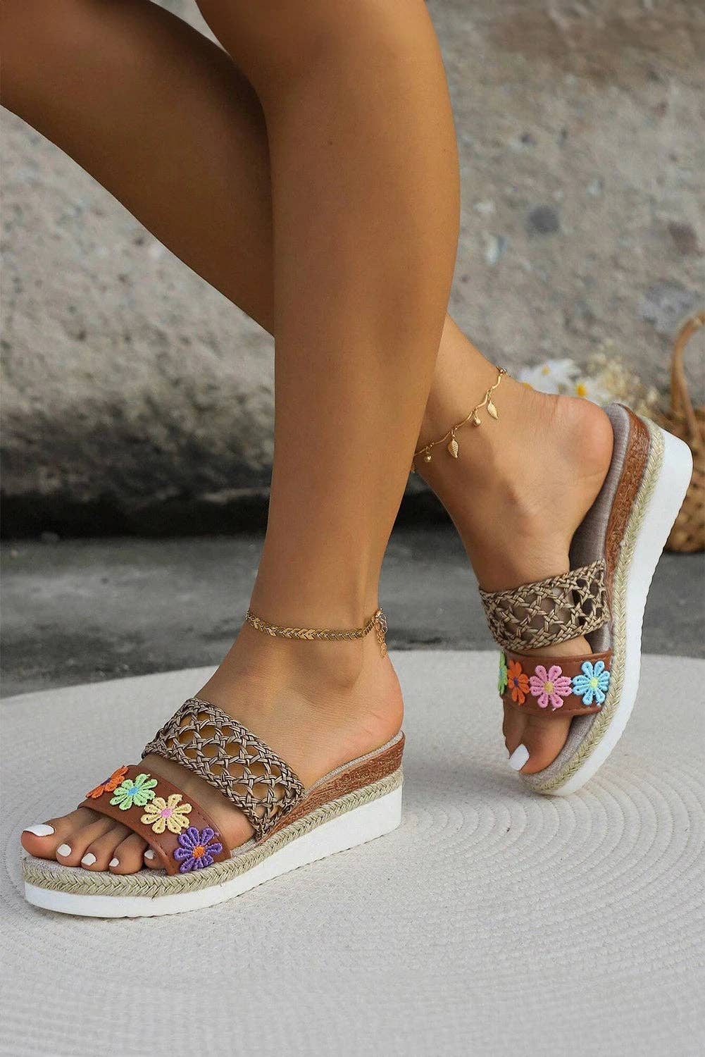 Chestnut Leopard Print Braided Details Wedge Slippers