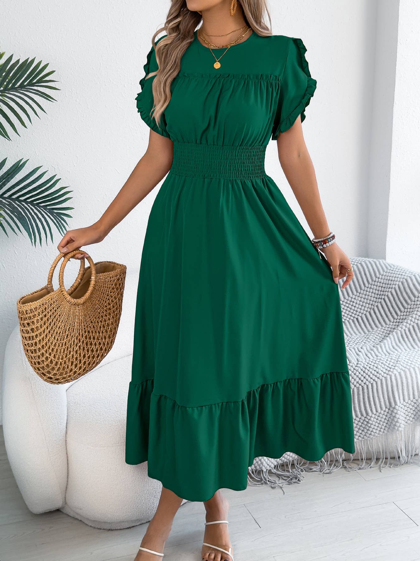 Smocked Waist Ruffle Sleeve Midi Dress