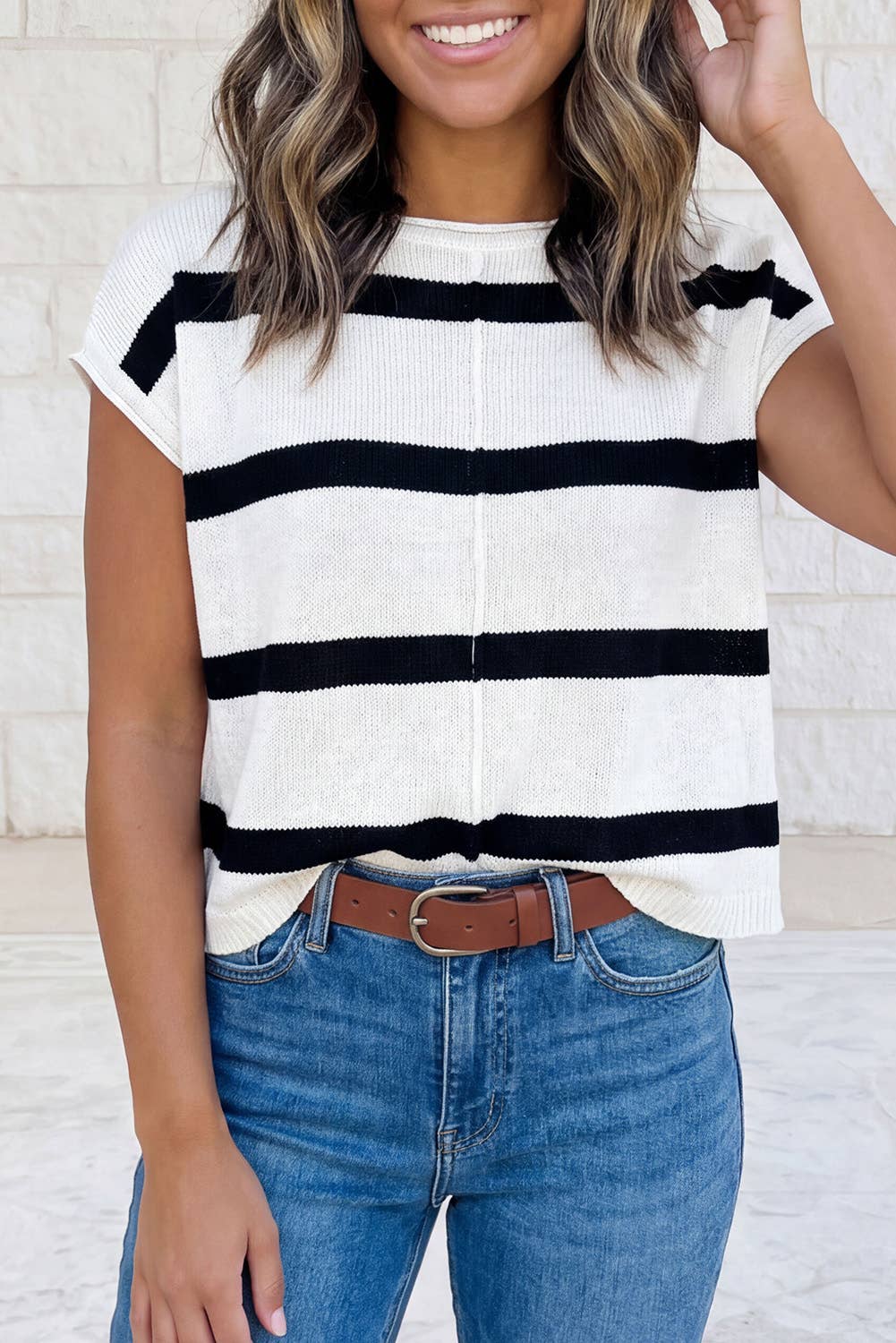 Brown Striped Short Sleeve Knit Western Sweater