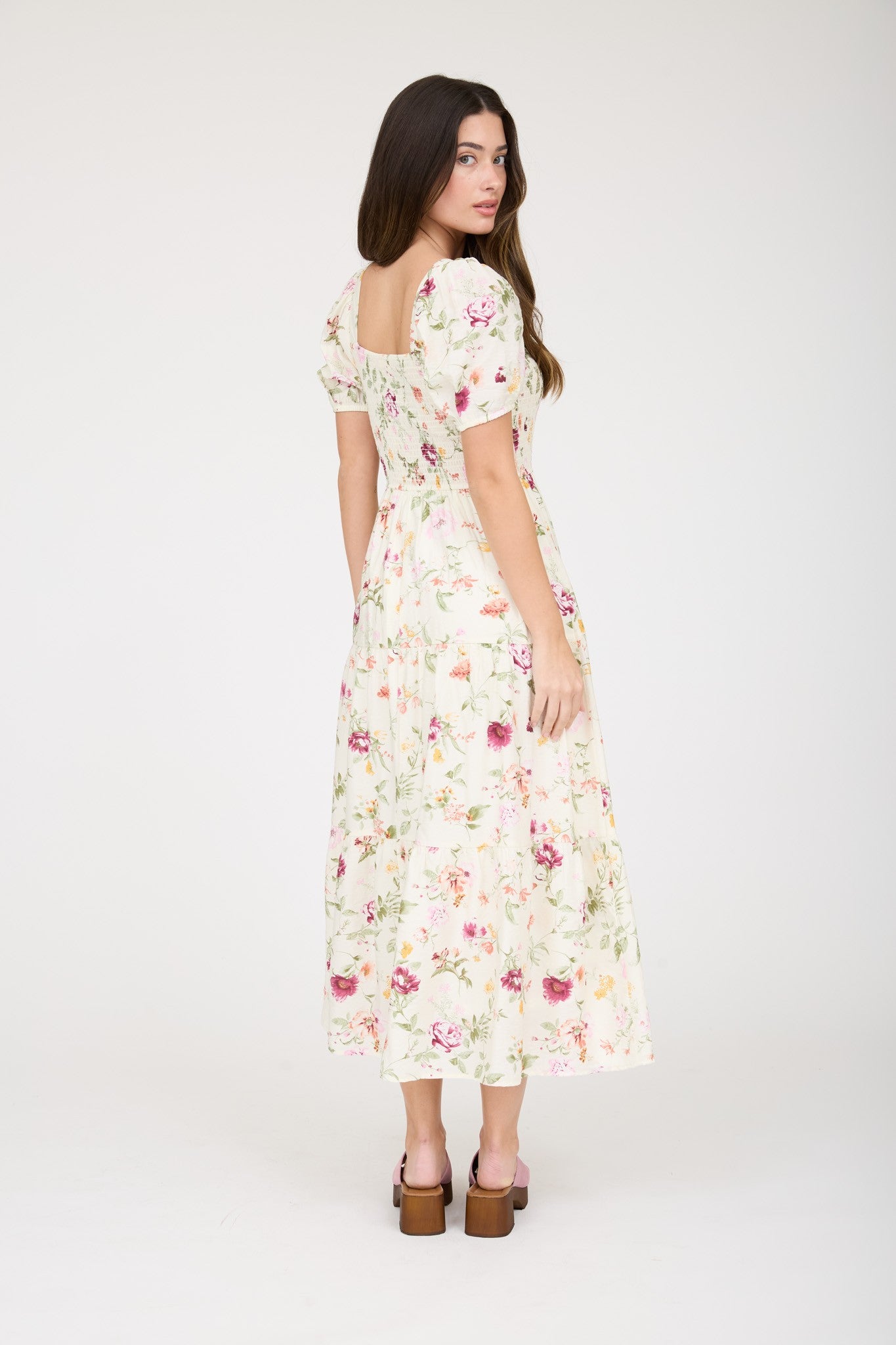 Floral Smocked Puff Sleeve A-line Midi Dress
