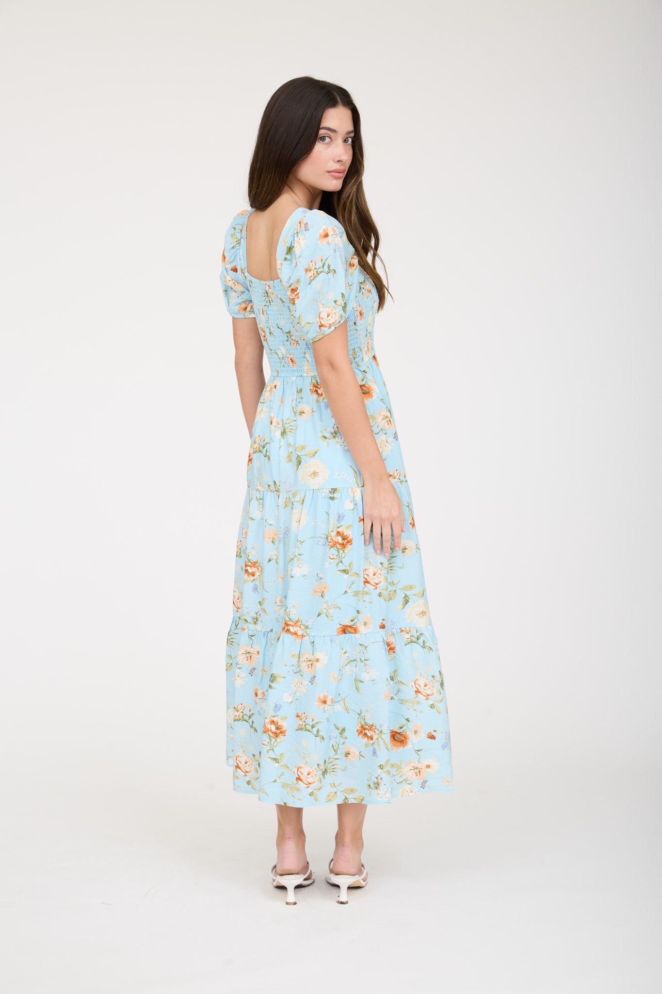 Floral Smocked Puff Sleeve A-line Midi Dress