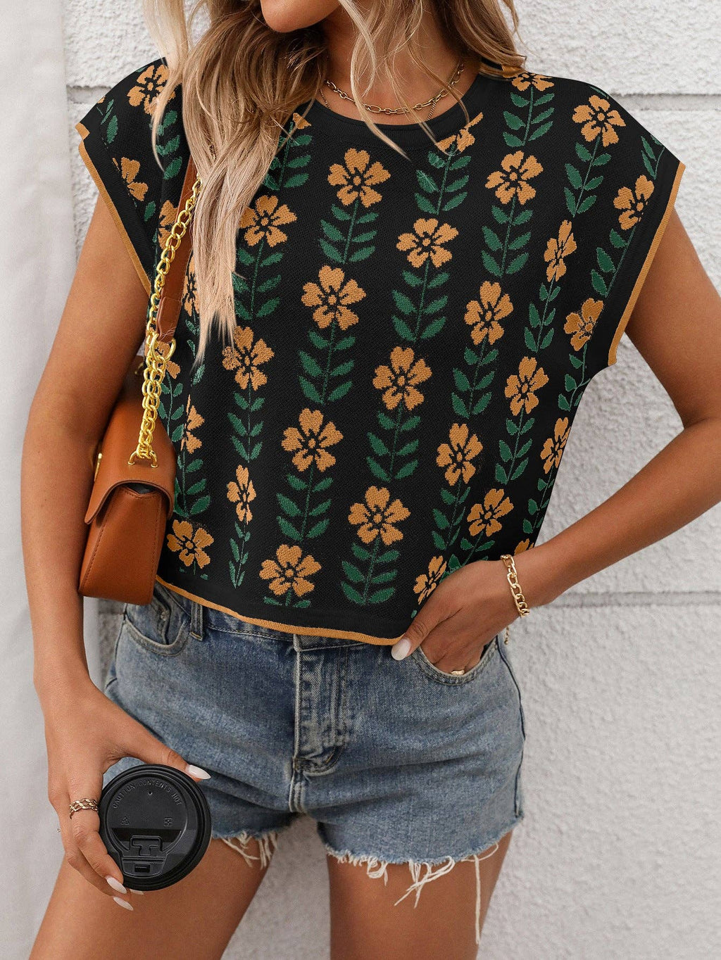 Vintage Floral Crew Neck Knit Crop Top Short Sleeve
