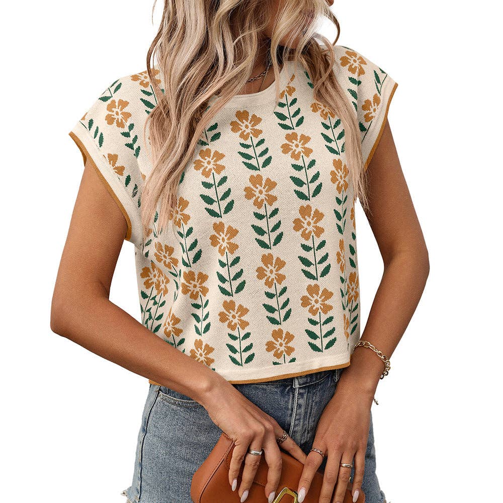 Vintage Floral Crew Neck Knit Crop Top Short Sleeve