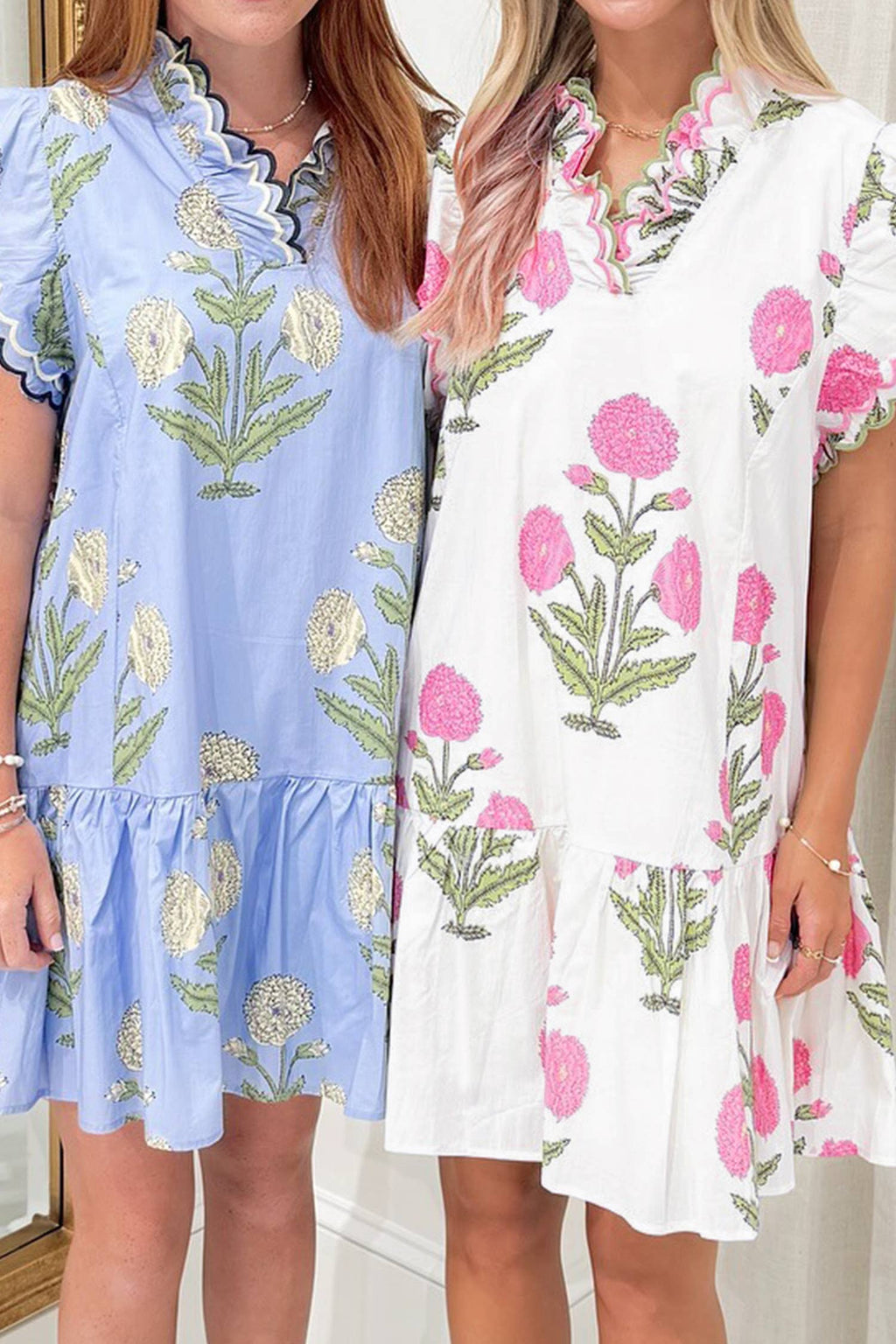 Floral Print Scalloped Trim V Neck Mini Dress (S-XL)