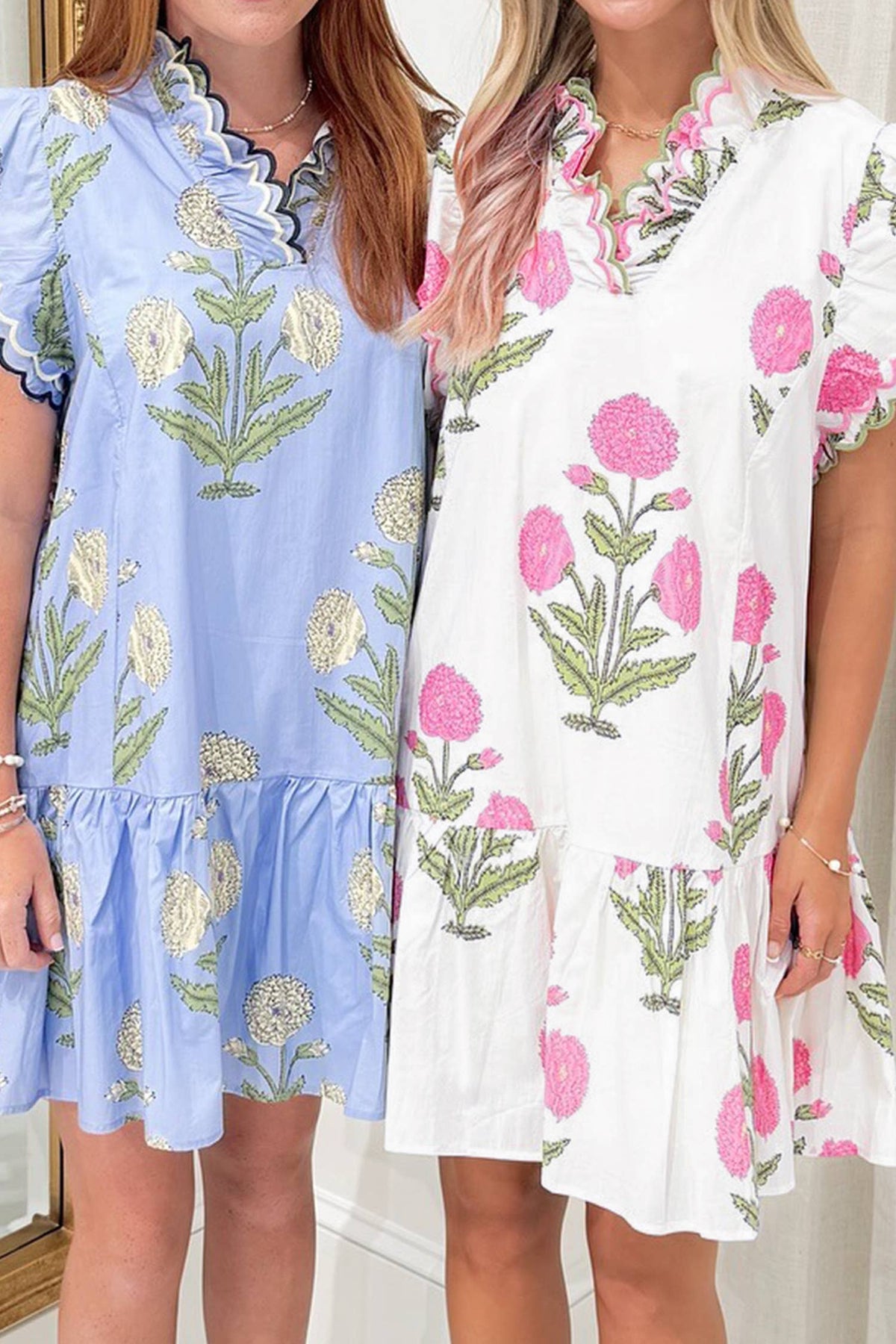 Floral Print Scalloped Trim V Neck Mini Dress (S-XL)