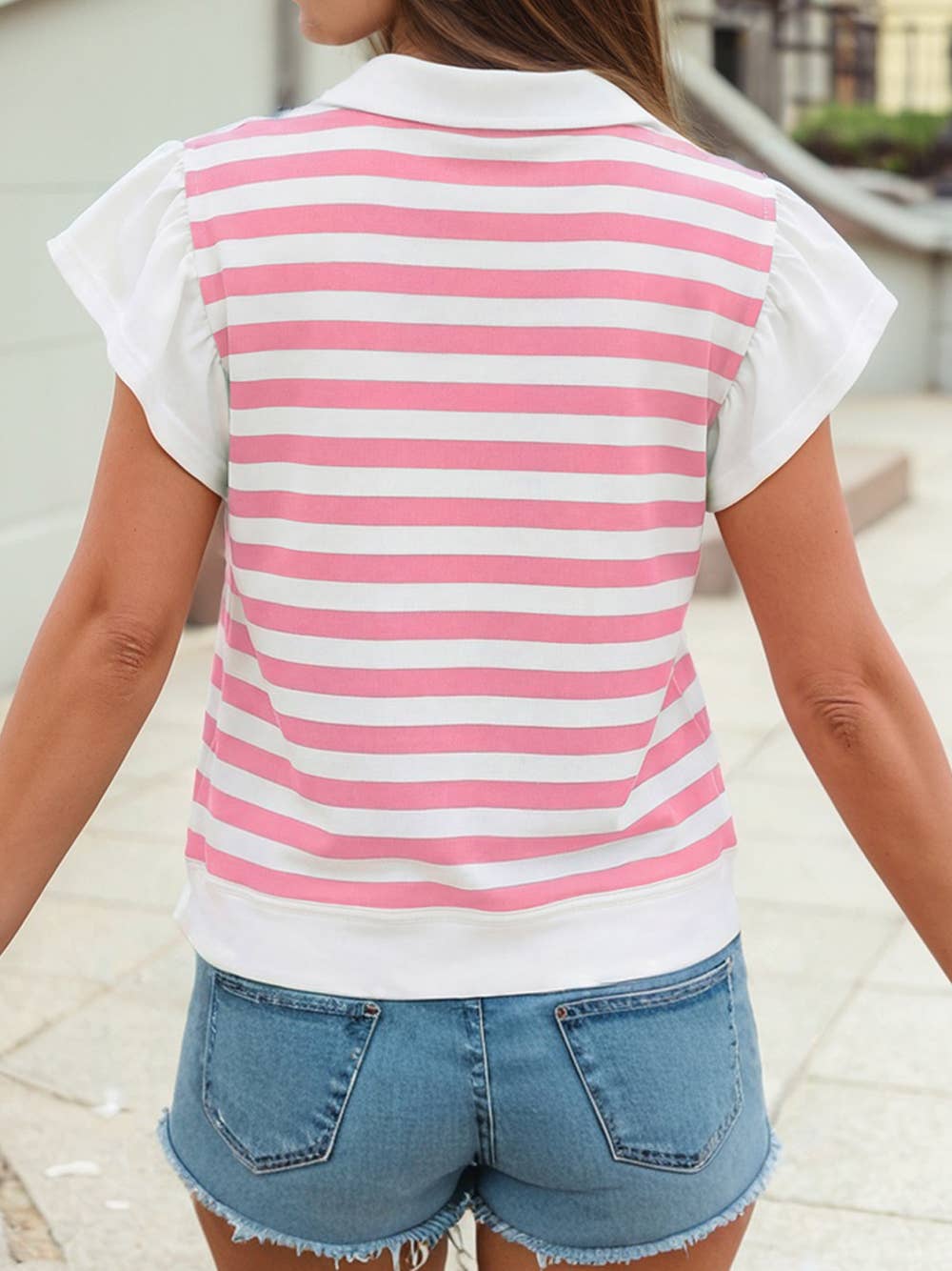 Stripe Collar V Neck Ruffled Short Sleeve Blouse