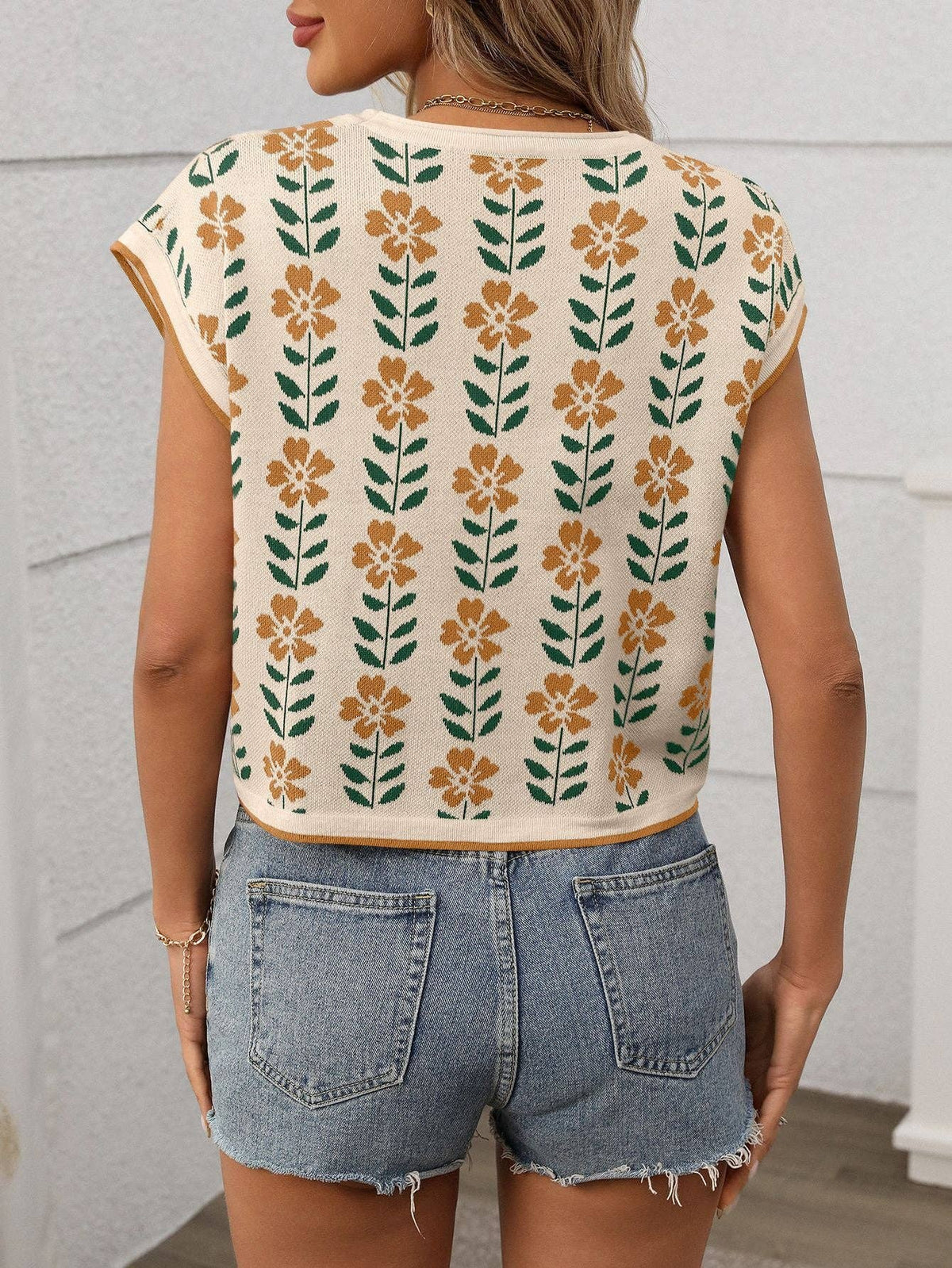 Vintage Floral Crew Neck Knit Crop Top Short Sleeve
