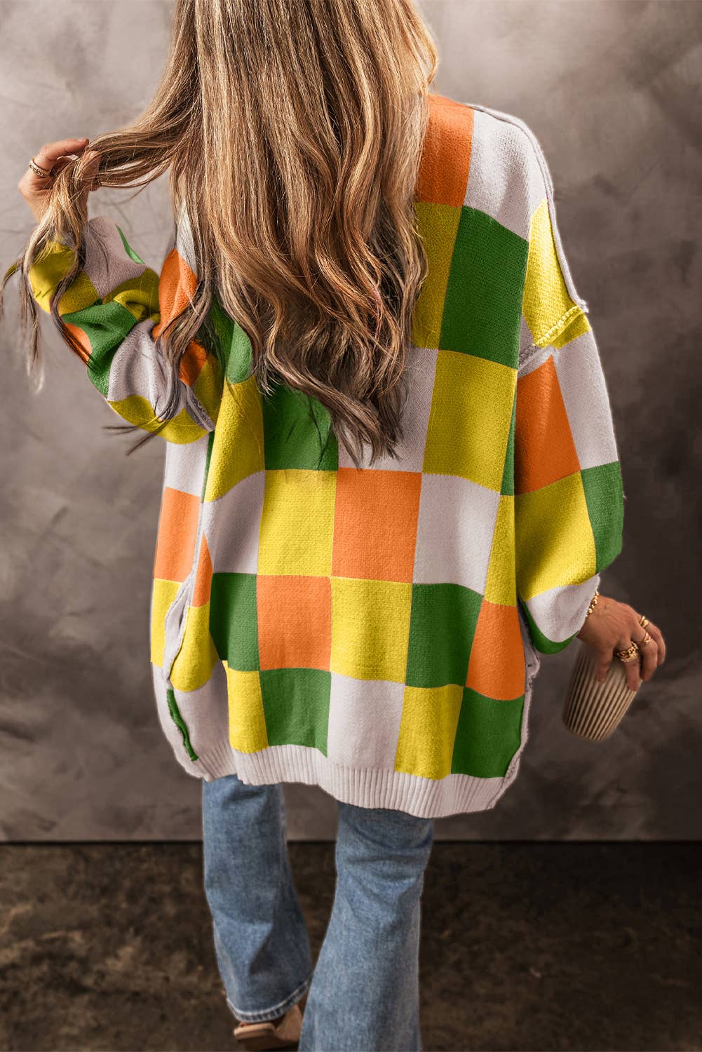 F/W Checkered Drop Shoulder Open Front Cardigan (S-XL)