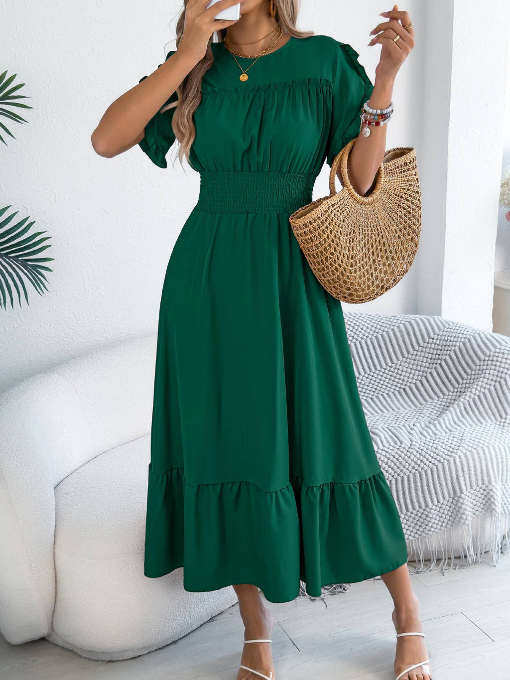 Smocked Waist Ruffle Sleeve Midi Dress