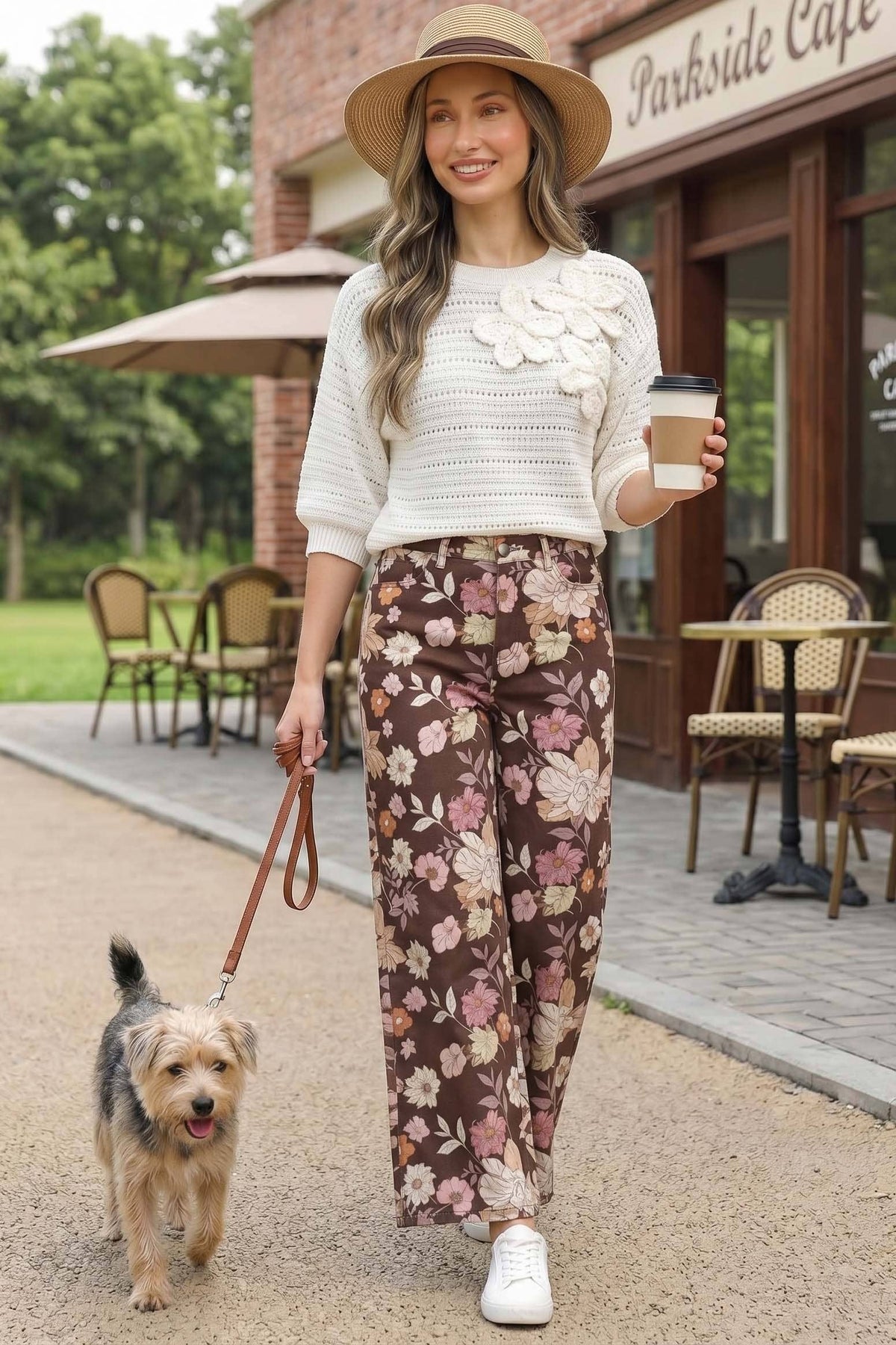 Floral Print Straight Leg Cotton Span Jean Pants VP83031A