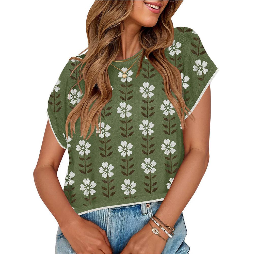 Vintage Floral Crew Neck Knit Crop Top Short Sleeve