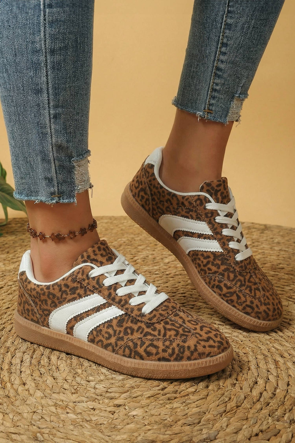 PU Leather Detail Shimmer Leopard Printed Lace-up Sneakers