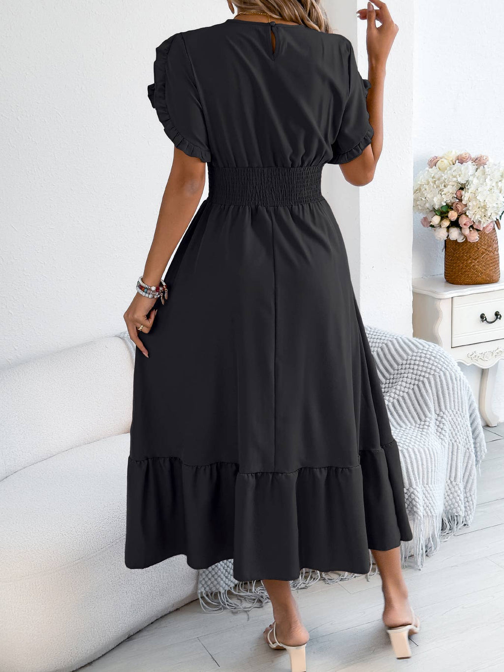 Smocked Waist Ruffle Sleeve Midi Dress