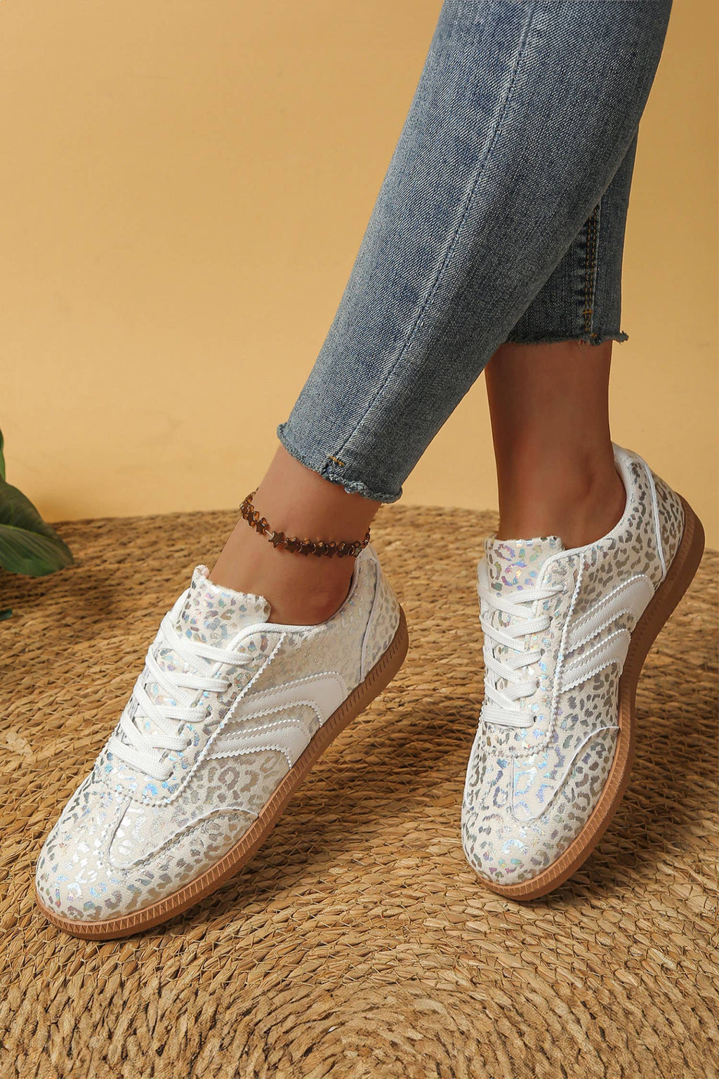 PU Leather Detail Shimmer Leopard Printed Lace-up Sneakers
