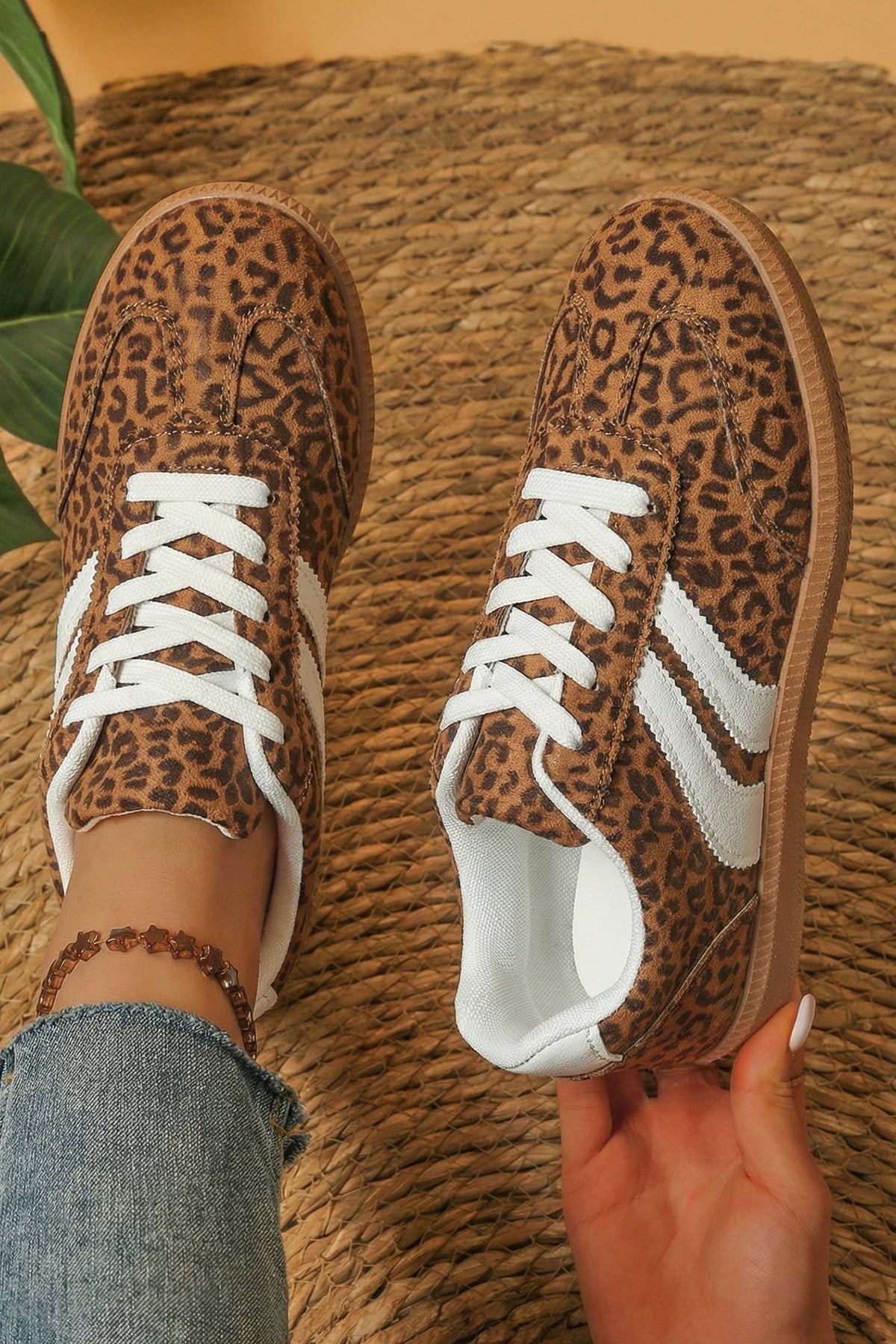 PU Leather Detail Shimmer Leopard Printed Lace-up Sneakers