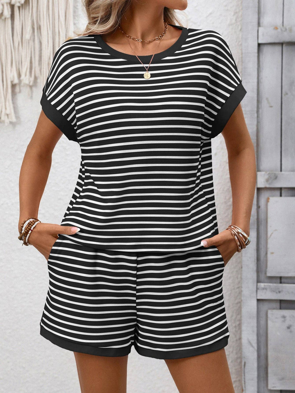 Striped Short Sleeve Top & Shorts Lounge Set
