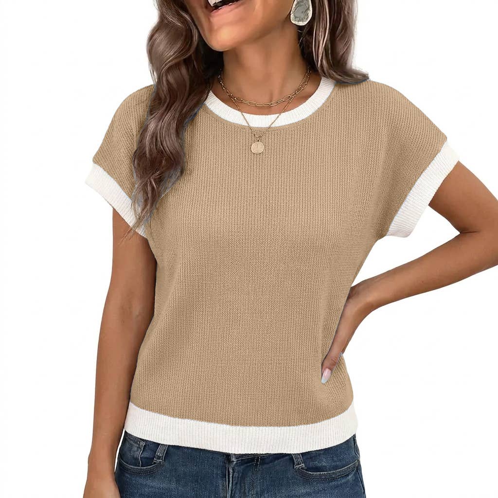 Summer Colorblock Knit Short Sleeve Casual Tee Top