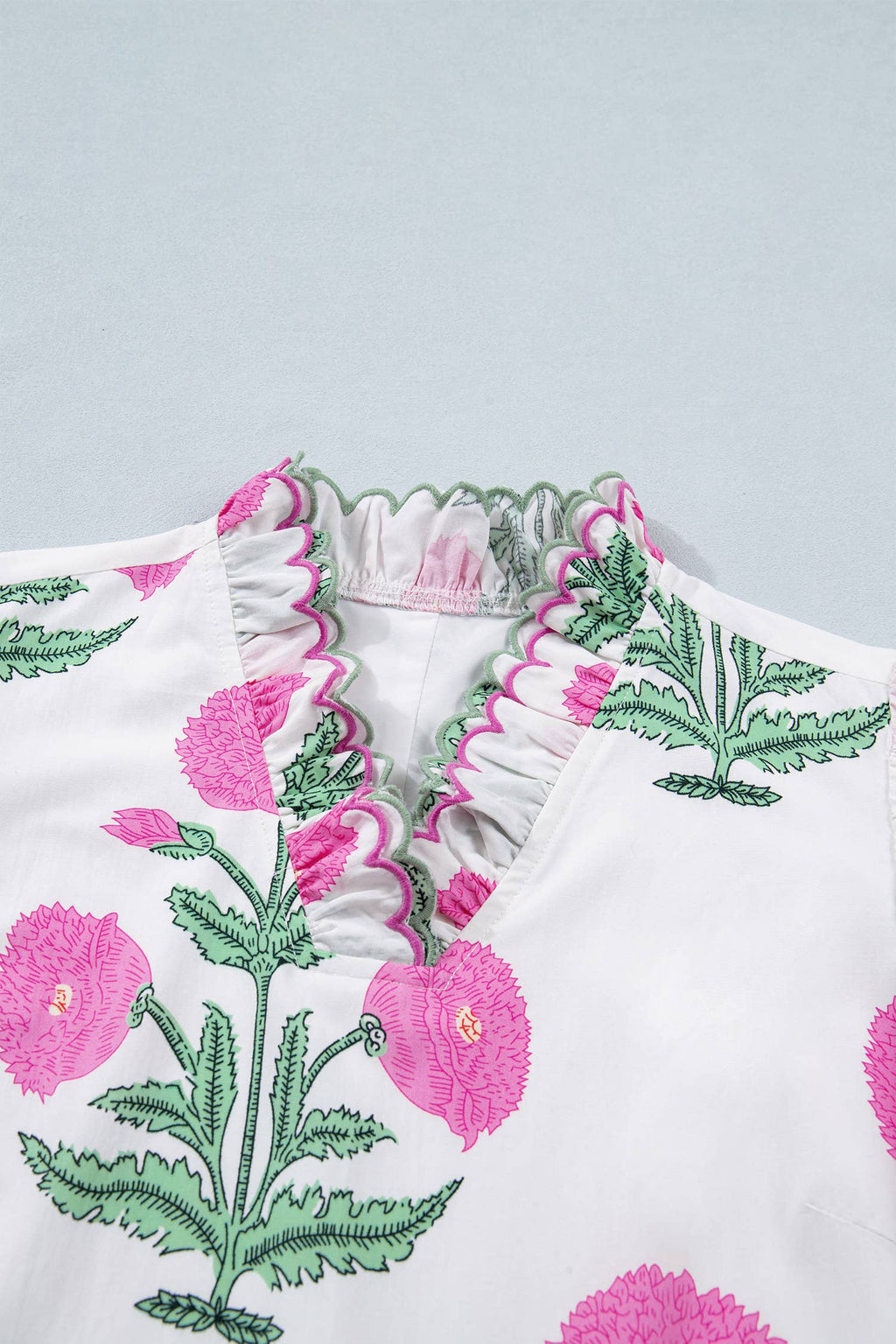 Floral Print Scalloped Trim V Neck Mini Dress (S-XL)