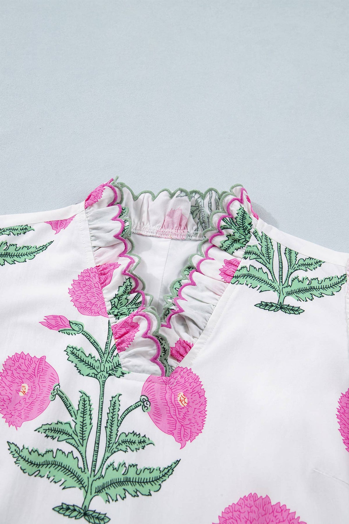 Floral Print Scalloped Trim V Neck Mini Dress (S-XL)