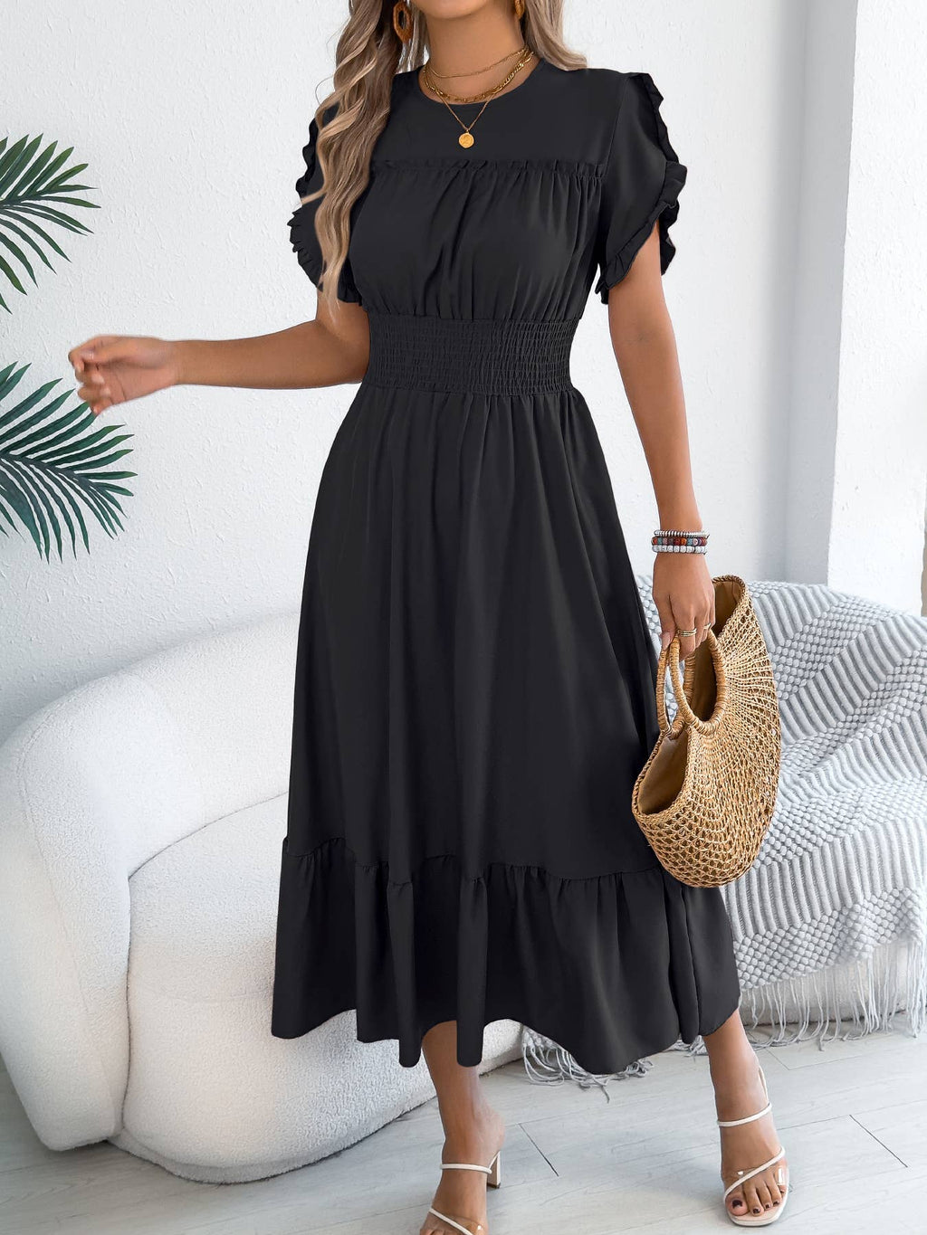 Smocked Waist Ruffle Sleeve Midi Dress