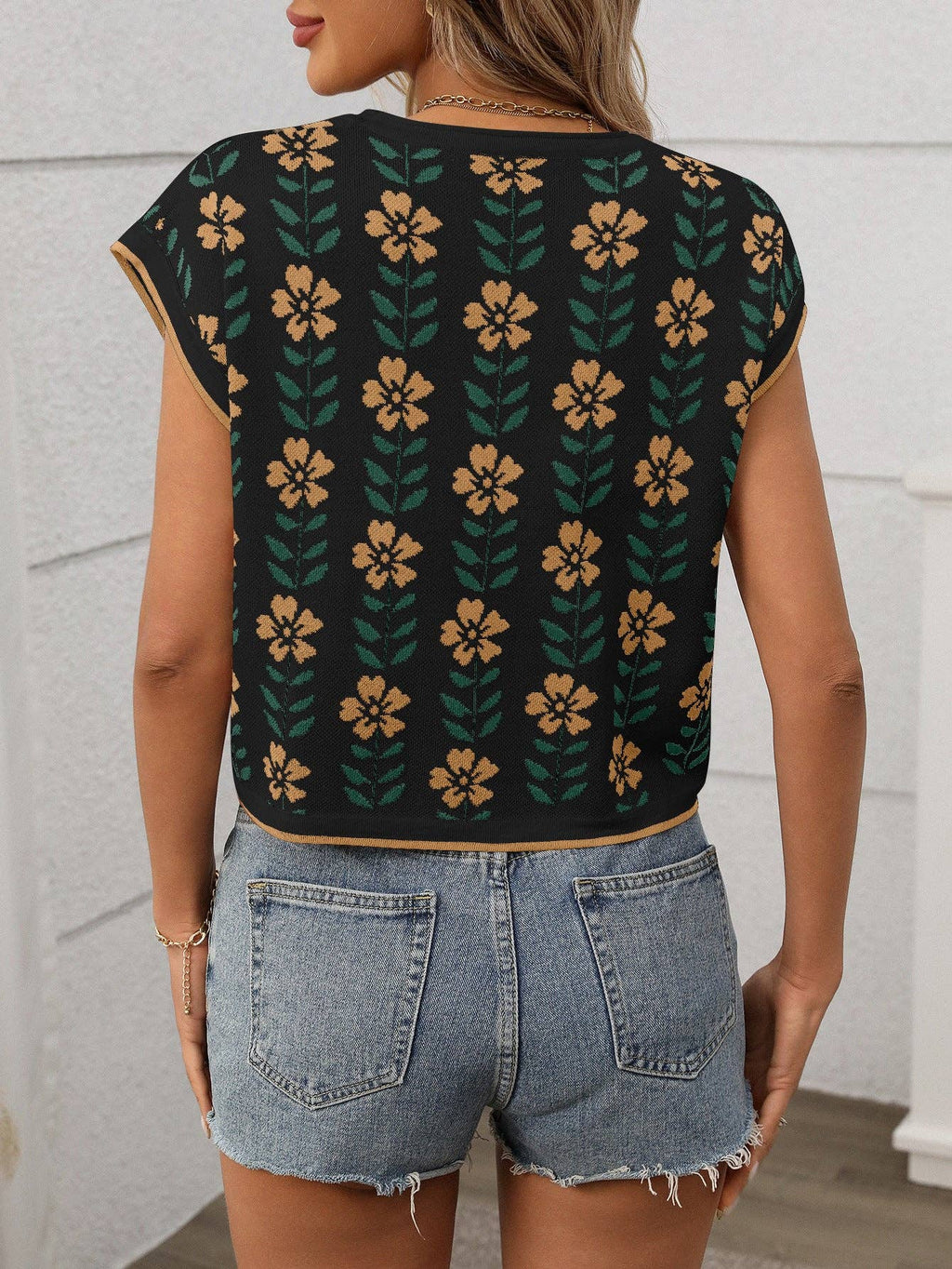 Vintage Floral Crew Neck Knit Crop Top Short Sleeve