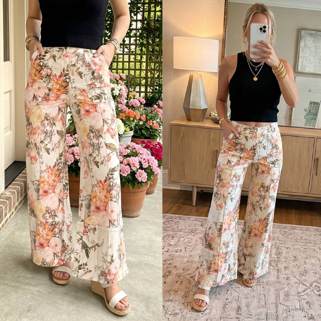 Floral Print High Waisted Wide Leg Denim Jeans