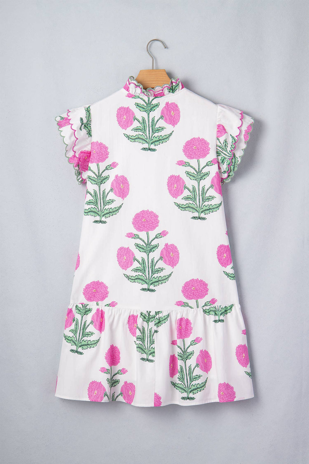 Floral Print Scalloped Trim V Neck Mini Dress (S-XL)