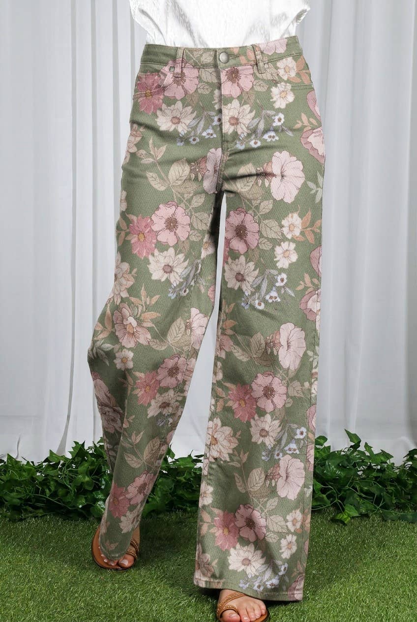 Floral Print Straight Leg Cotton Span Jean Pants VP83031A