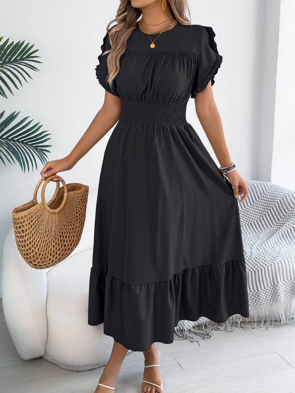 Smocked Waist Ruffle Sleeve Midi Dress