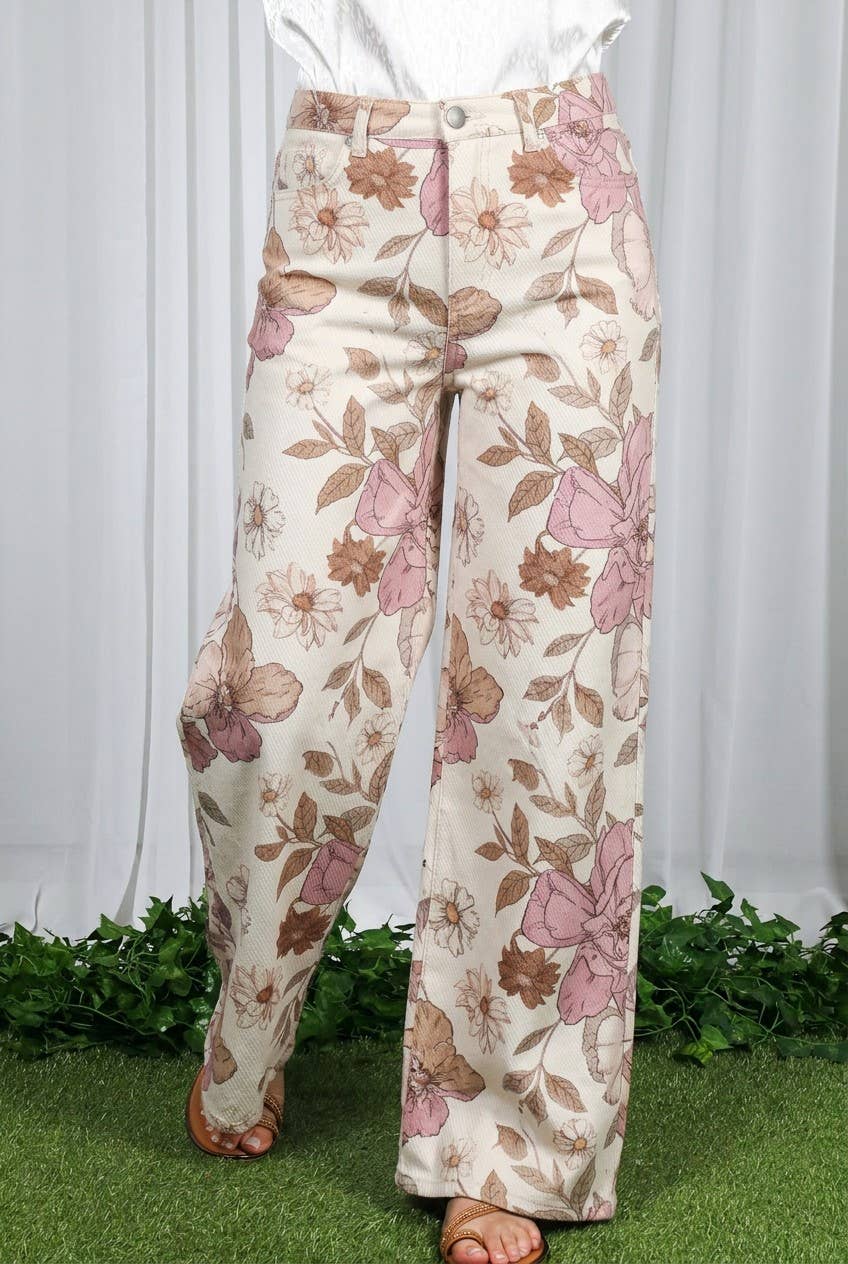 Floral Print Straight Leg Cotton Span Jean Pants VP83031A