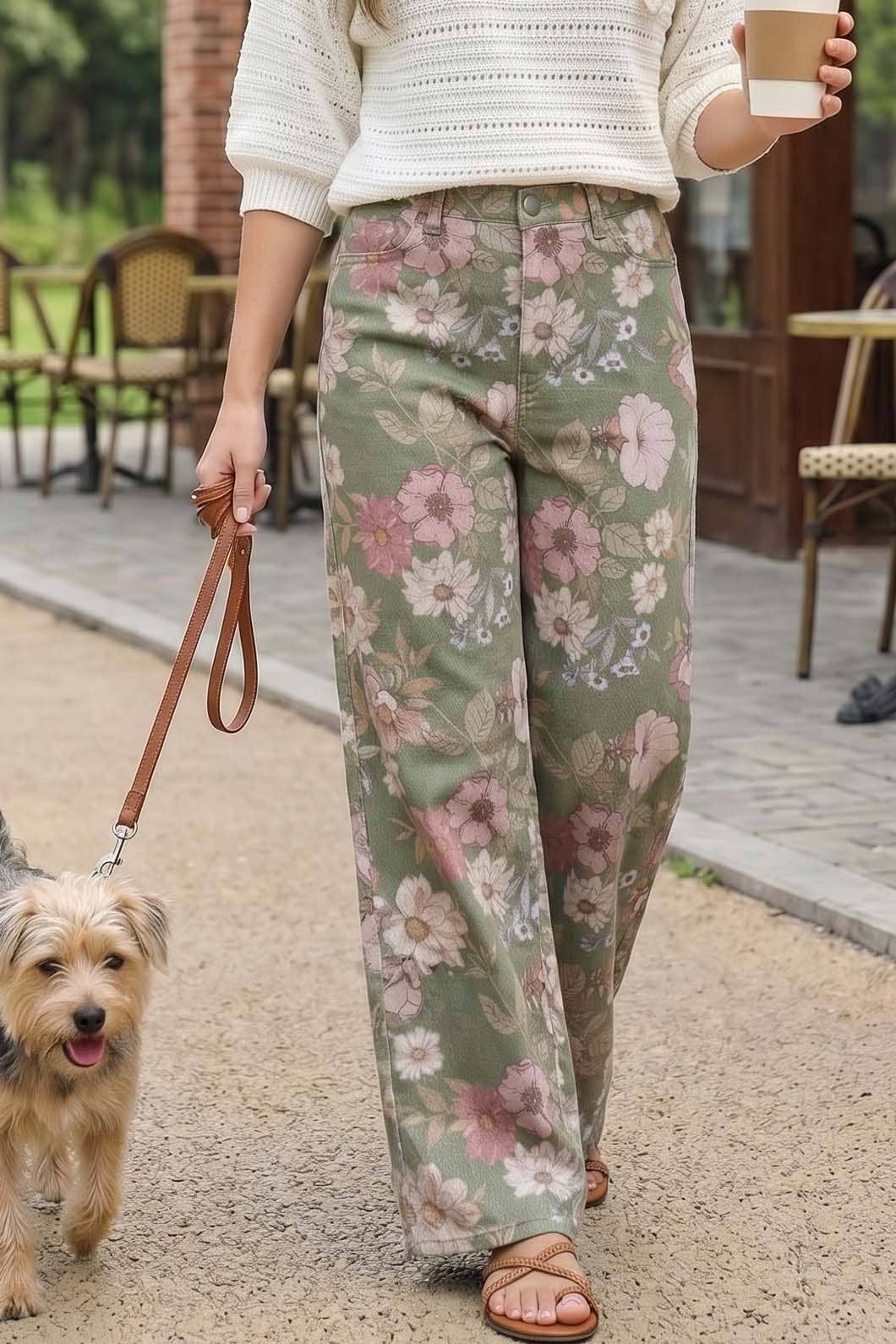 Floral Print Straight Leg Cotton Span Jean Pants VP83031A