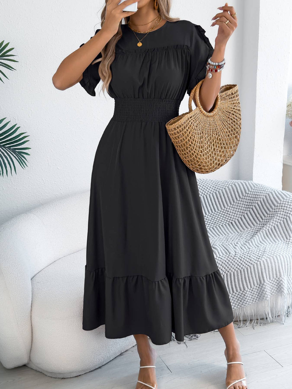 Smocked Waist Ruffle Sleeve Midi Dress
