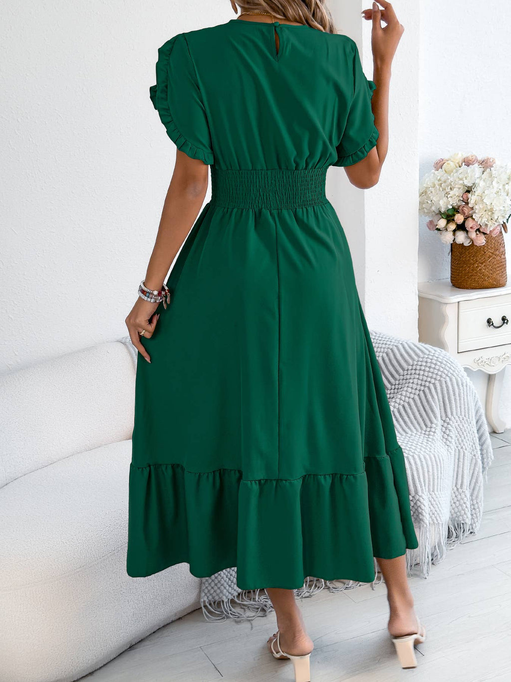 Smocked Waist Ruffle Sleeve Midi Dress
