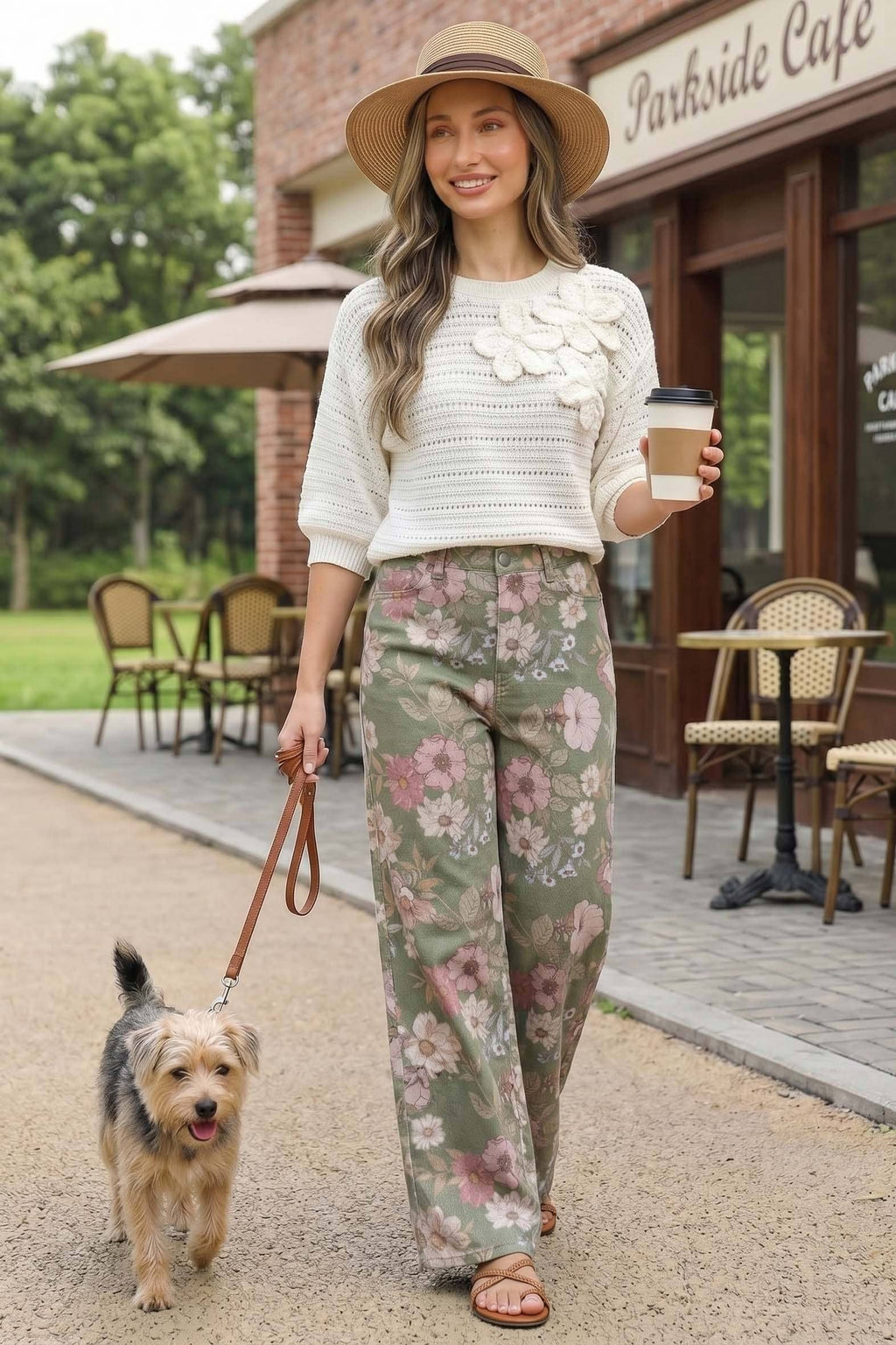 Floral Print Straight Leg Cotton Span Jean Pants VP83031A