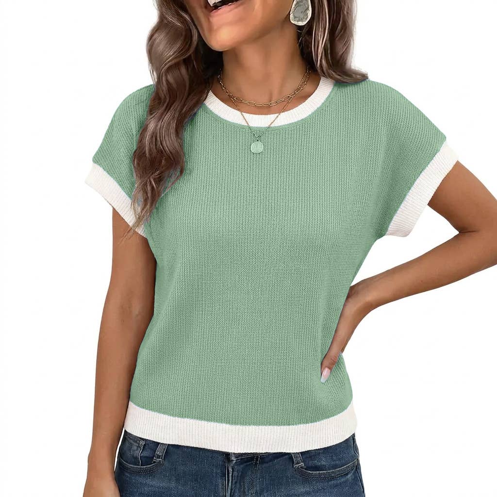 Summer Colorblock Knit Short Sleeve Casual Tee Top