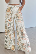 Floral Print High Waisted Wide Leg Denim Jeans