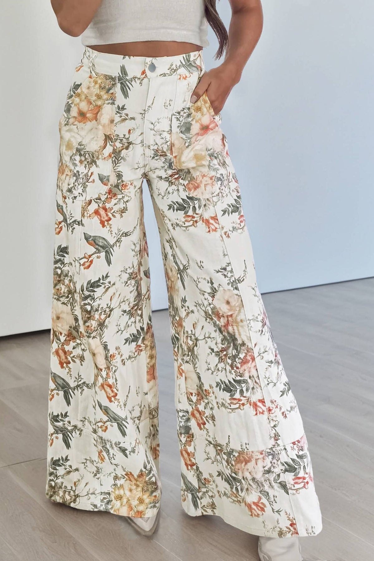 Floral Print High Waisted Wide Leg Denim Jeans