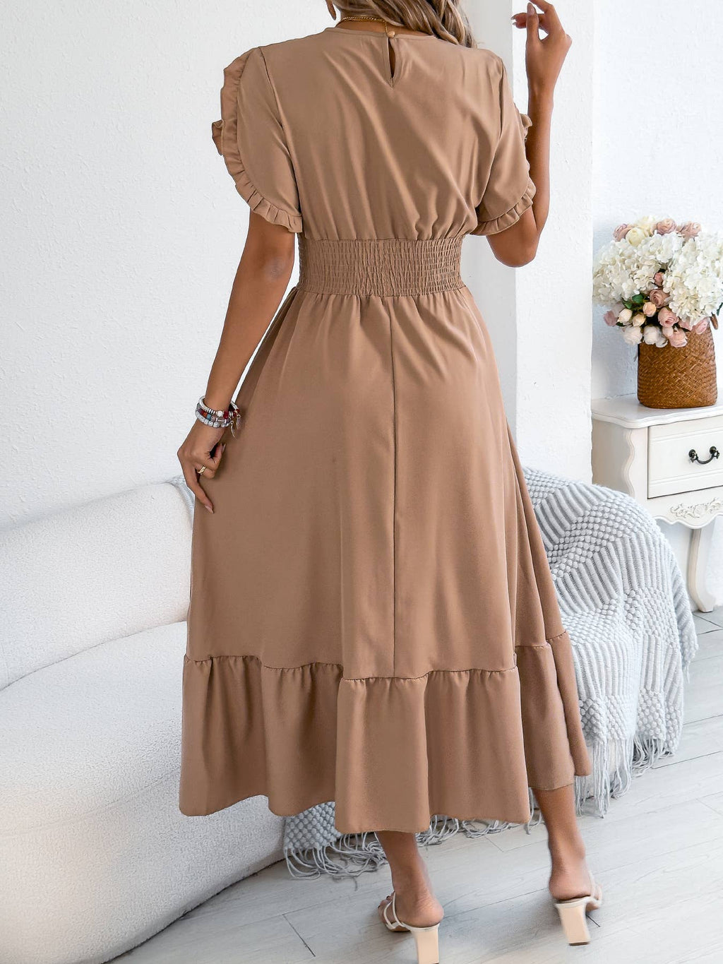 Smocked Waist Ruffle Sleeve Midi Dress