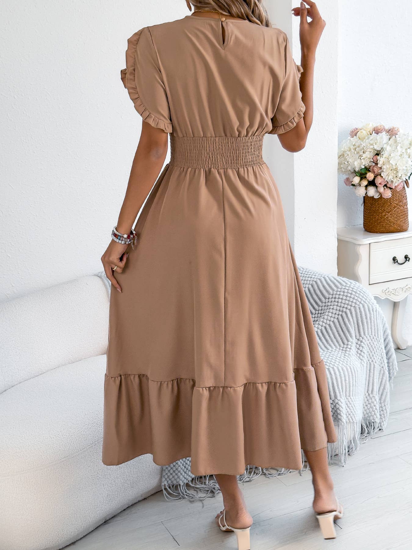 Smocked Waist Ruffle Sleeve Midi Dress