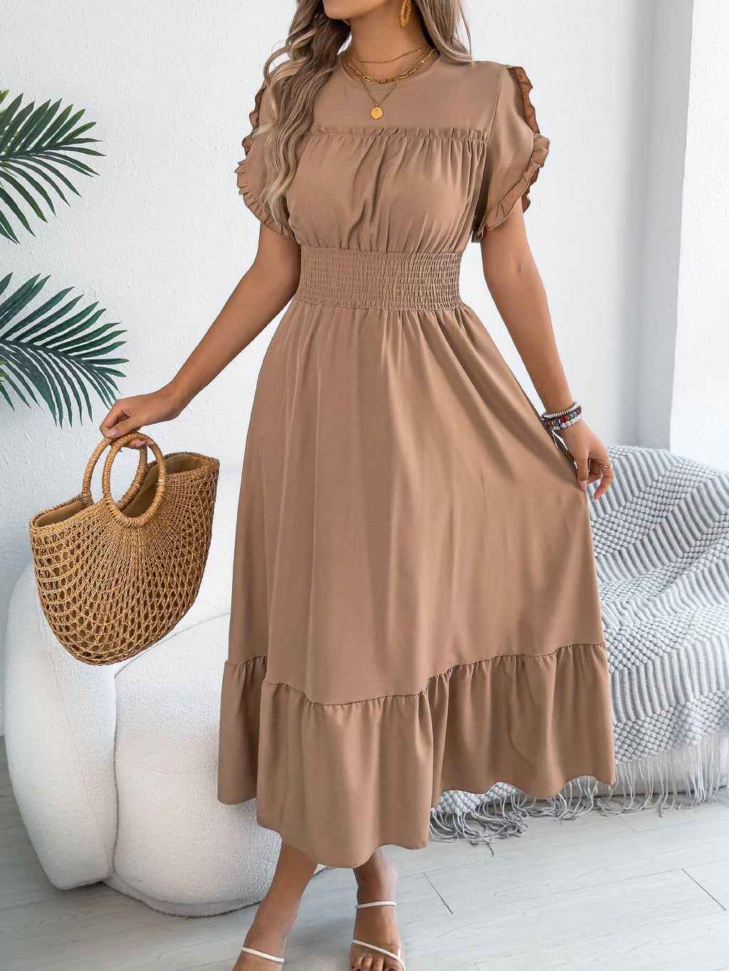 Smocked Waist Ruffle Sleeve Midi Dress