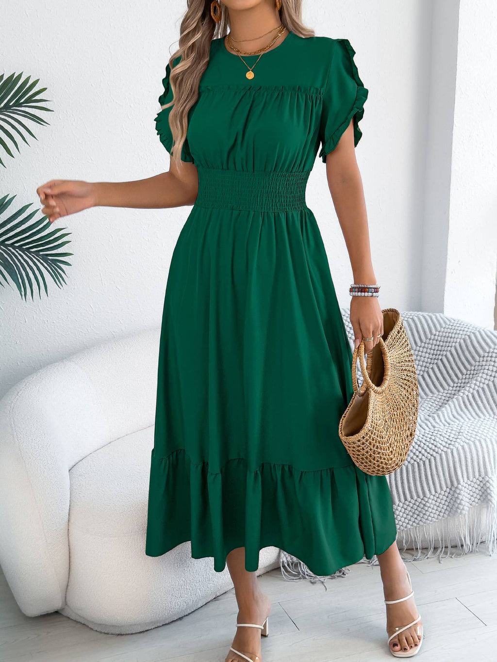 Smocked Waist Ruffle Sleeve Midi Dress